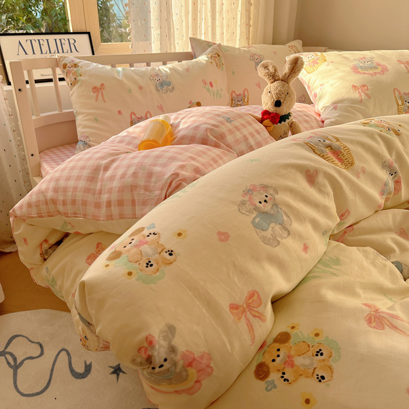 Ins Children's Funny Cartoon Style Cotton Bed Four-piece Set Cotton 100 Children's Quilt Cover Mattress Student Three-piece Set 1.8m