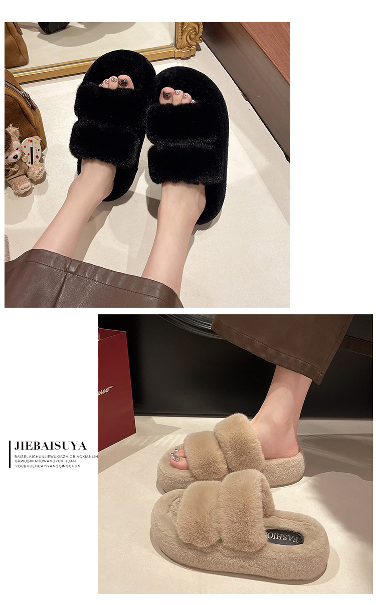 Open Toed Hairy Slippers For Women In Autumn And Winter, New Style For Outdoor Wear, Warm And Thick Soled, Double Straps, Outdoor Cotton Slippers_vogvips.com