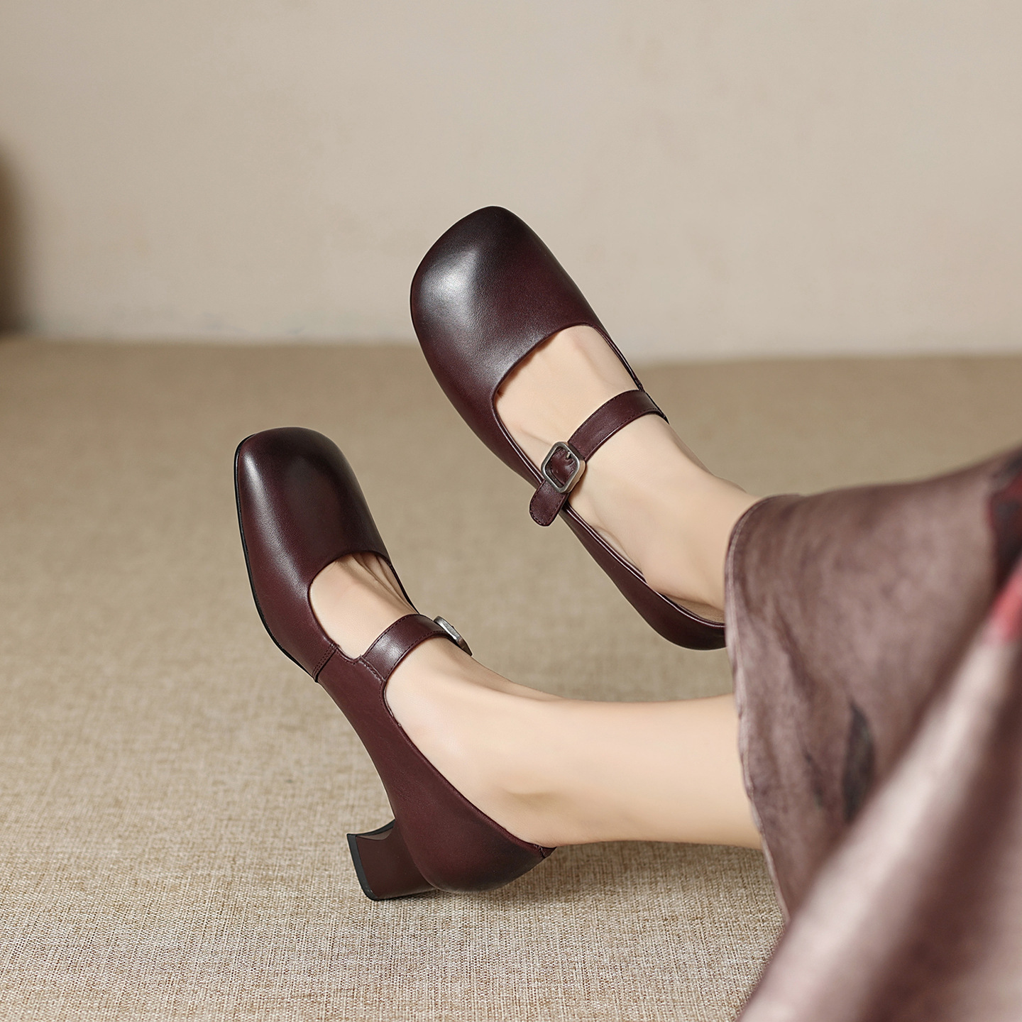 Giày Mary Jane nữ da bò mũi vuông quai ngang gót 4 cm — màu nâu