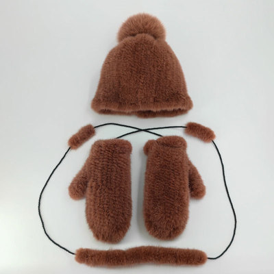 水貂毛編織彈力狐狸毛球帽子冬天女人加厚保暖騎車挂脖手套兩件套