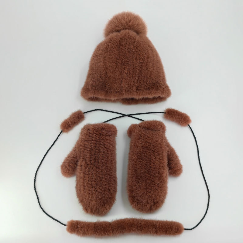 水貂毛編織彈力狐狸毛球帽子冬天女人加厚保暖騎車挂脖手套兩件套