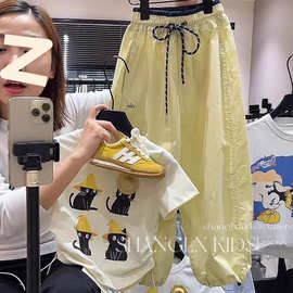 女童夏装卡通短袖T恤长裤两件套2025新款中大童韩版洋气休闲套装