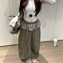 实拍 2025秋冬新款韩版芭蕾风格子花边抽绳休闲裤阔腿裤弯刀裤子