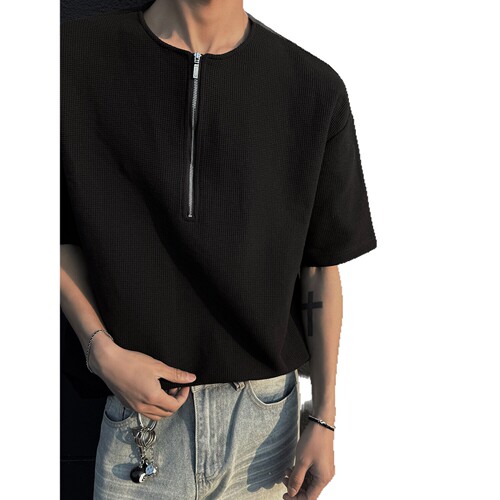 Waffle half-zipper t-shirt, men's short-sleeved, summer fashionable, handsome men's summer style, American Henry's shirt, half-sleeve, T-shirt.