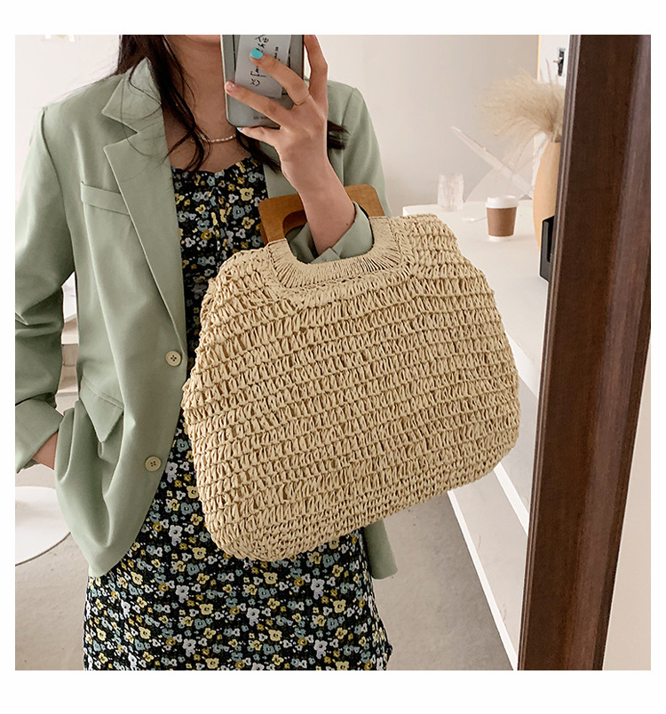 567g Weight Zipper Closure Type Top Handle Strap Type Straw Bag Bags Type Holiday Occasion Straw Material Solid Color Pattern All Seasons Season Women's Gender Vacation Style Oval Shape Khaki, Beige Color Large Size Large Straw Straw Bag Shoulder Bags 2