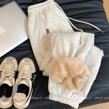 奥特莱斯~商场专柜运动休闲加绒卫裤女冬新款高腰束脚羊羔绒裤子