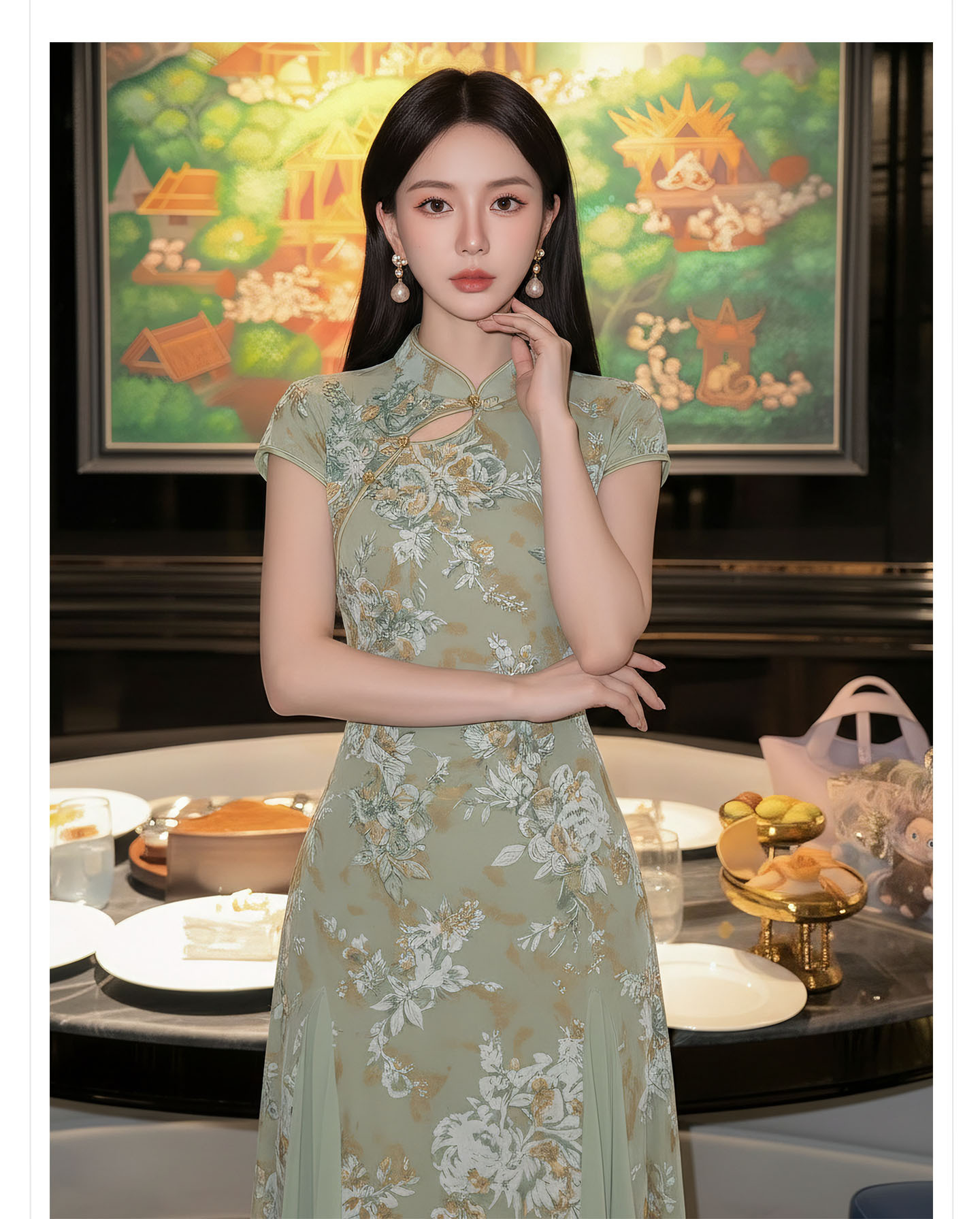 Đầm maxi nữ cổ đứng ren hoa thêu tay dài — Xanh lá cây nhạtcolor chi tiết 11