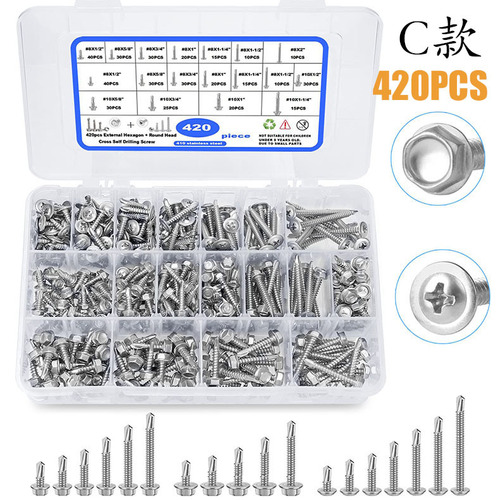 Cross-border box-packed screws 400pcs/380pcs 410 stainless steel hexagonal countersink self-tapping screws set with multiple styles