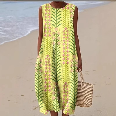 亚马孙欧美夏季新品无袖休闲印花气质长裙连衣裙修身小清新休闲裙