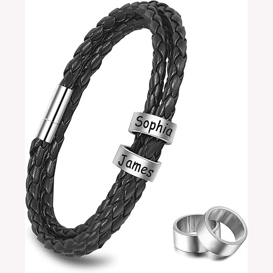 Cross-Border European and American Leather Braided Bracelet Titanium Steel DIY Engraved Name Bracelet Father's Day Men's Bracelet Gift Bracelet