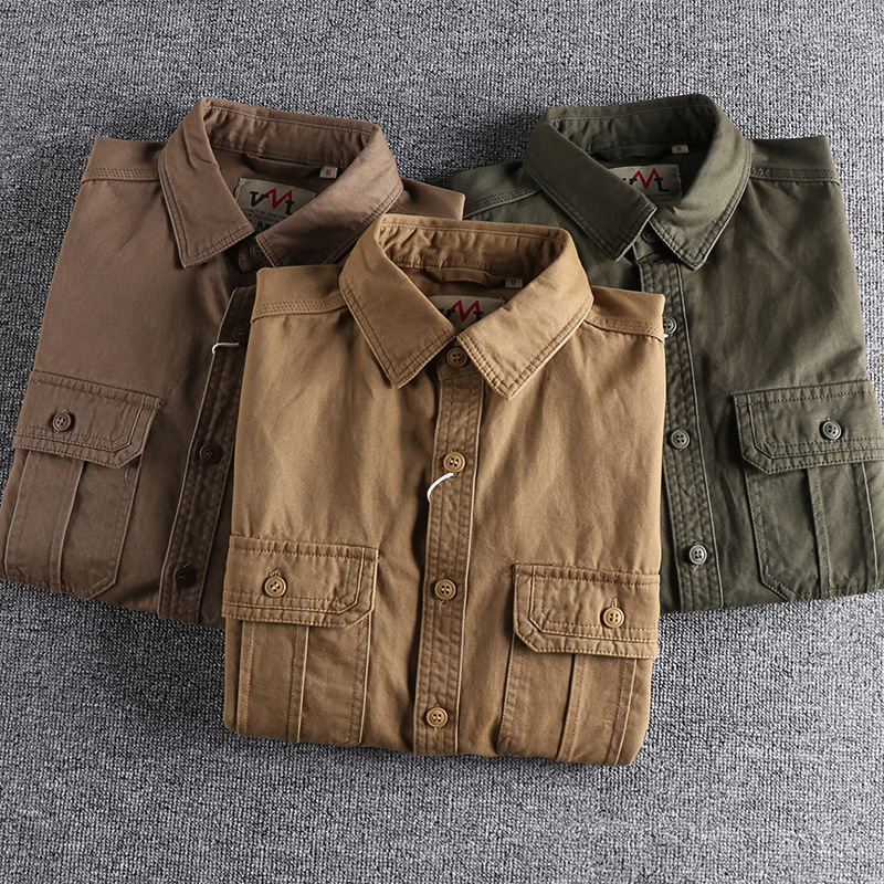 Tooling Multi-Bag Shirt Jacket Simple Washed Old All-Match Men's Long-Sleeved Shirt Casual Top