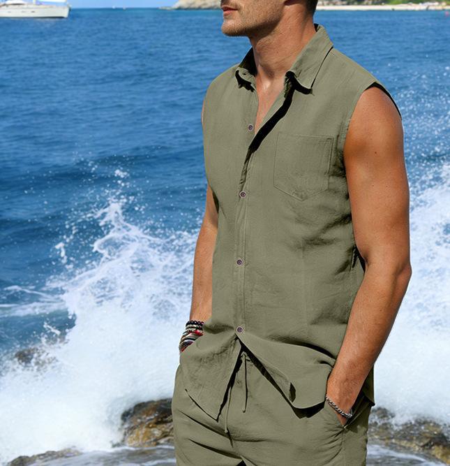 Chaleco de lino sin mangas para hombre estilo casual verano_voghion.com