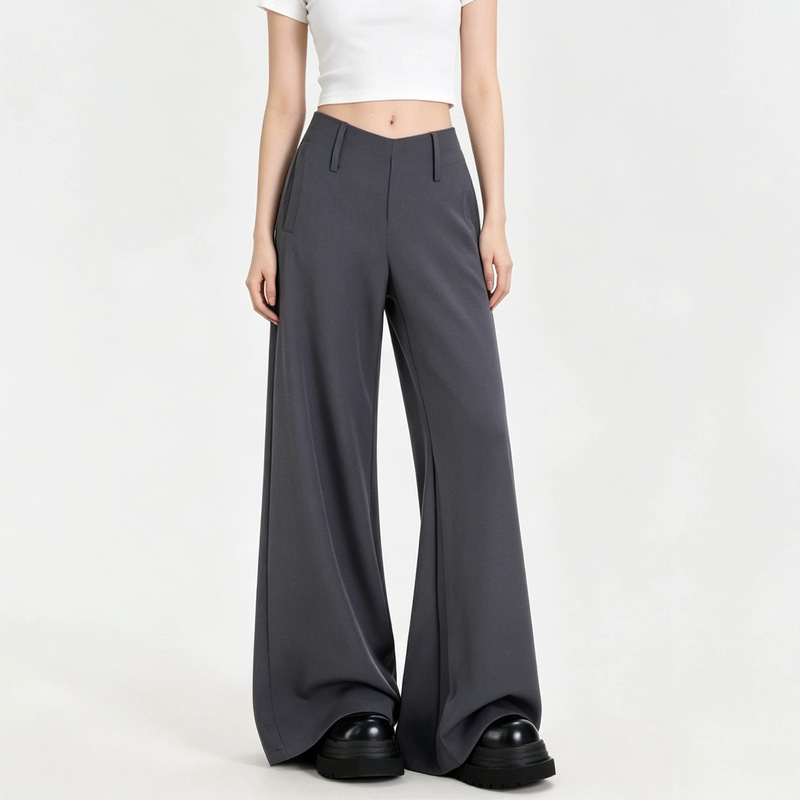 Gray Loose-Fitting American-Style Suit Pants with a Low Waist and Wide Legs for Women, Casual Long Pants, Cross-Border Old Money Style Women's Clothing
