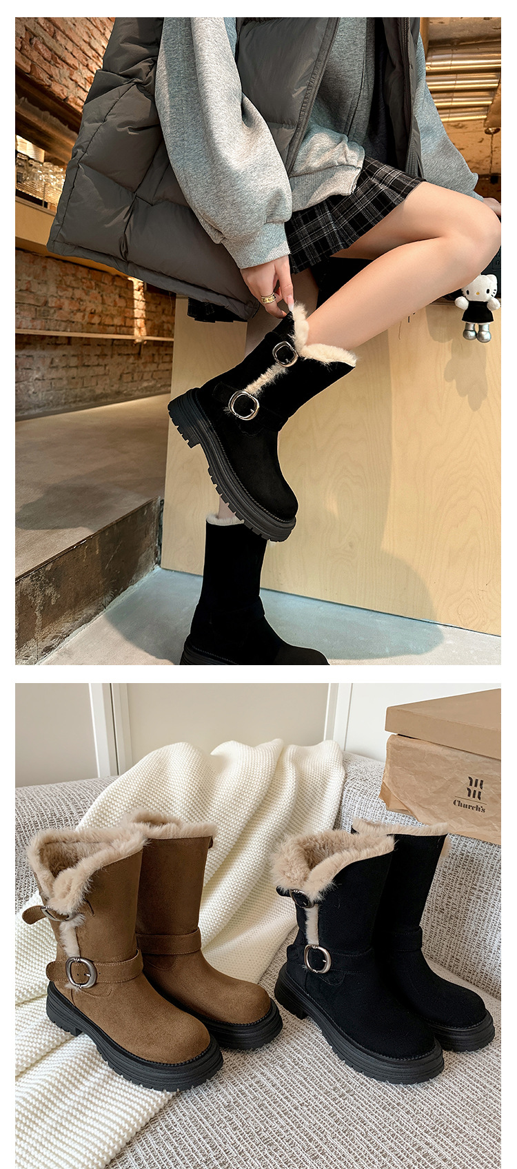 Boot nữ đế dày khóa kim loại da lộn, kiểu hai lớp gấp, lót bông giữ ấm, cổ ngắn — màu đen chi tiết 23