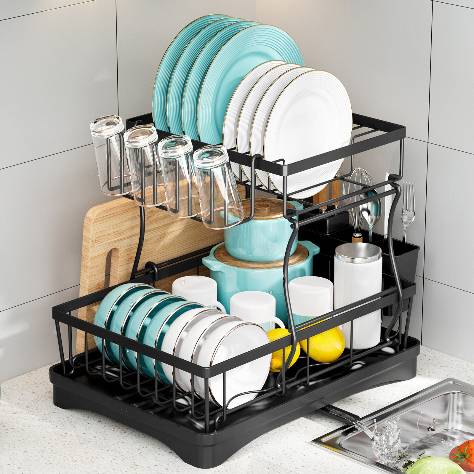 Estante de almacenamiento de platos de drenaje de agua de la encimera de cocina transfronteriza de doble capa estante de platos desmontable multifuncional estante de platos y palillos