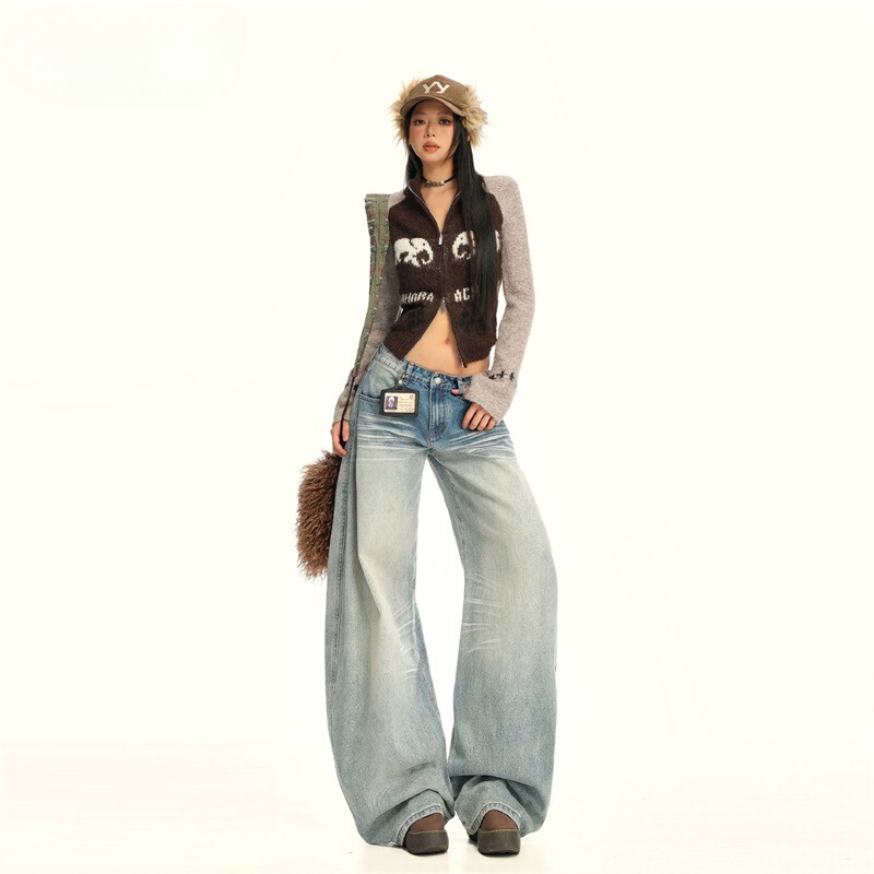 Cat whisker pattern low-waist curved-leg jeans for women, 2025 autumn/winter trendy versatile new light blue banana pants