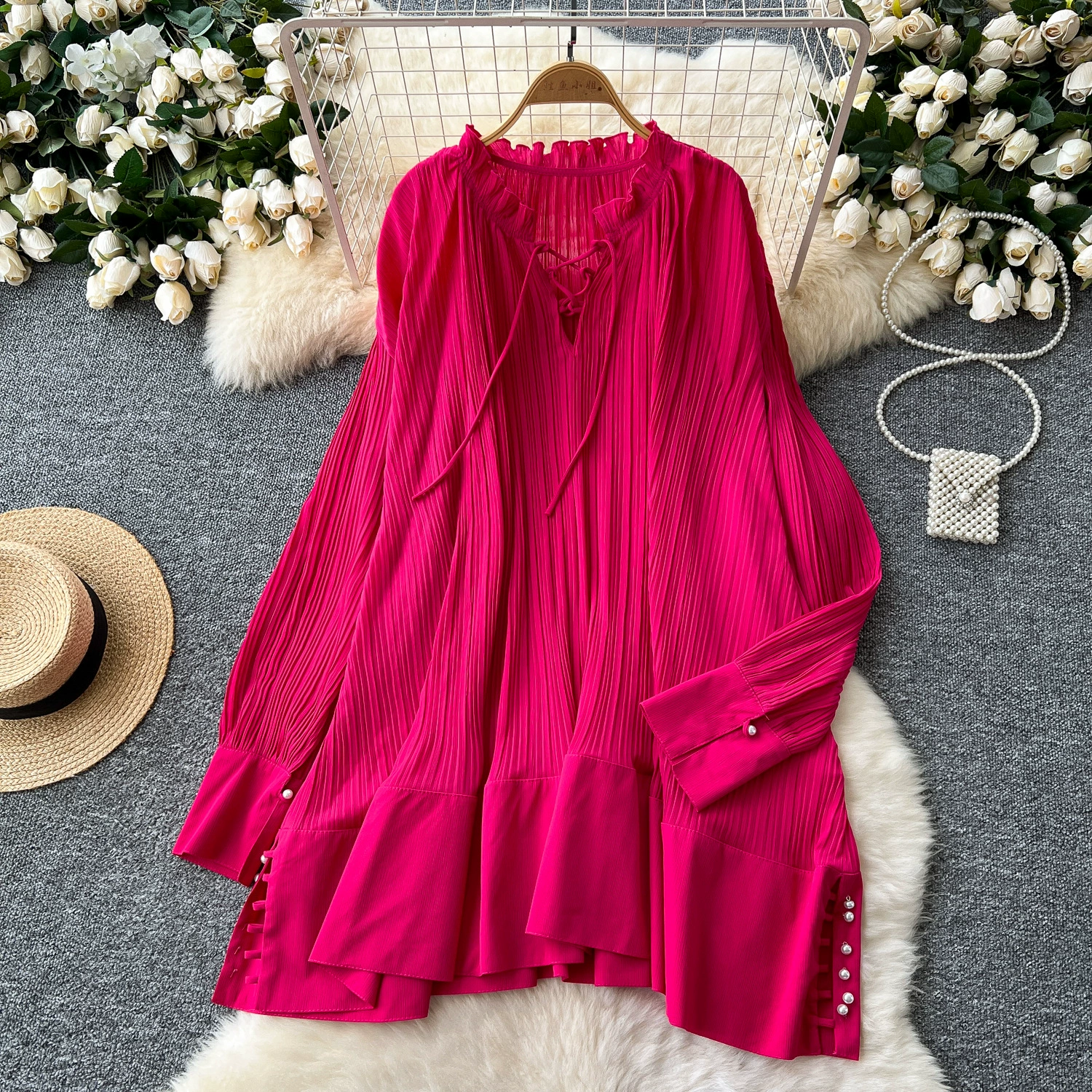 Высококачественное женское платье 2024 новый осенняя мода элегантный шнуровка свободная тонкая плиссированная юбка