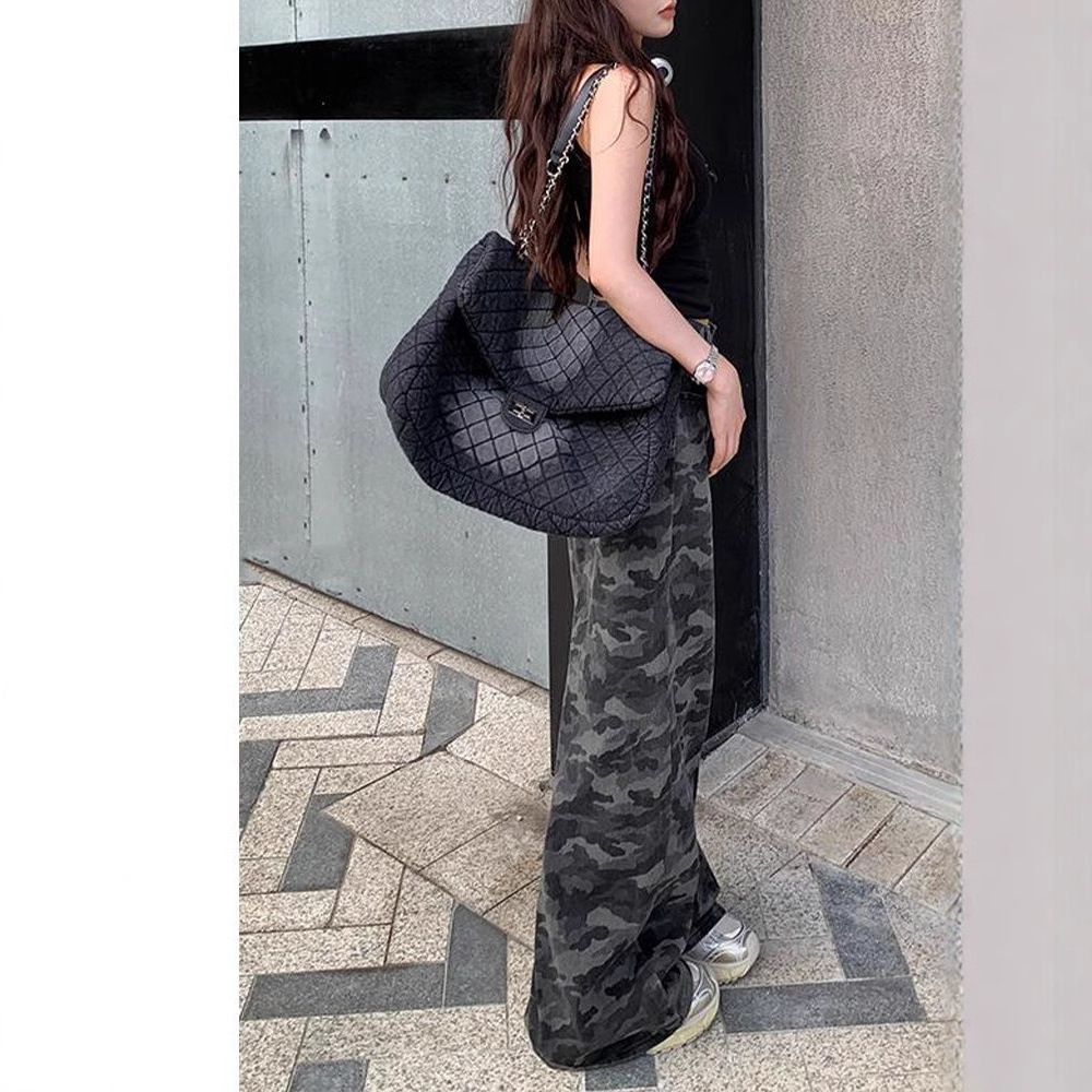 Vaqueros de pierna ancha de camuflaje retro americano para hombre 2025 primavera nuevo estilo de cintura alta pantalones de trapeador rectos sueltos y delgados