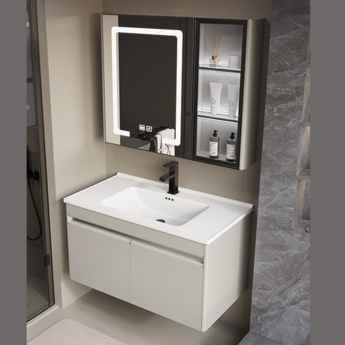 Baño colgado en la pared tipo lavado de cara lavado de manos tipo pequeño hogar todo en una bañera cerámica gabinete de baño de acero inoxidable combinación de lavabo de placa de roca