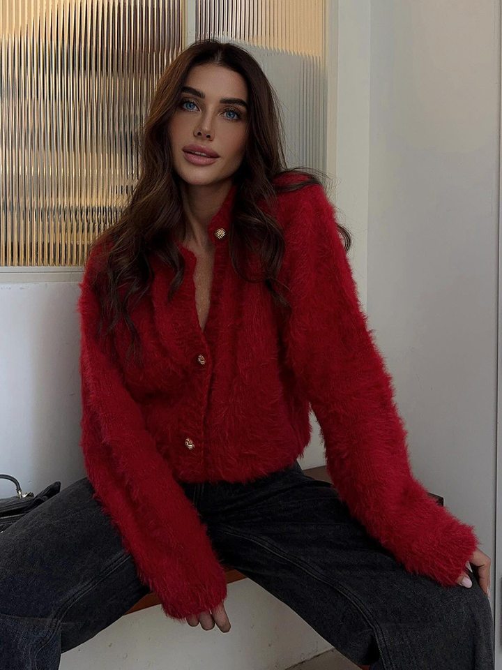 Áo cardigan len dệt kim dáng suông cổ tròn tay dài cài nút phong cách Hàn Quốc — Màu nâu, Xanh quân đội, màu hồng, Đỏ (Còn hàng) chi tiết 65