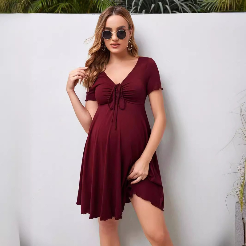 European and American Foreign Trade Amazon New Pregnant Women's Dress Cross-border AliExpress Chest Drawstring Modification V-neck Short-sleeved dress