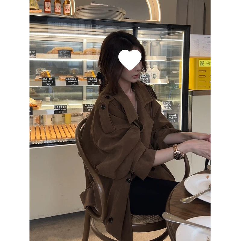 棕色设计感立领麂皮小个子外套女2025秋新款韩系复古宽松休闲大衣|undefined