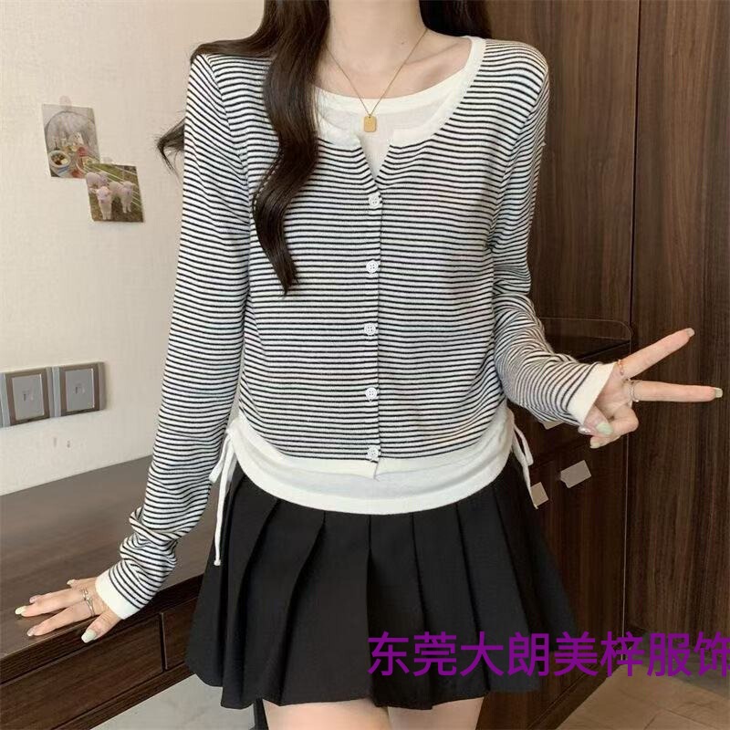 Round Neck Contrasting Fake Two-Piece Splicing Drawstring Slimming Look Long-Sleeved Knitwear Top 2026 Spring New Women's Clothing