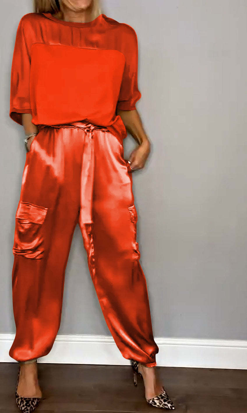 Round Neck Neckline Daily Women's Simple Style Solid Color Polyester Pant Co-ord Set Pants Sets