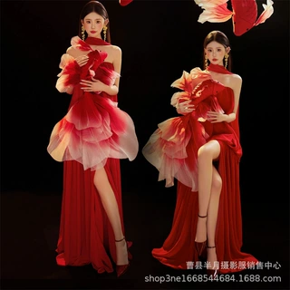 新款影楼新年高级国风中式锦鲤主题红色复古肖像个人拍照写真服装