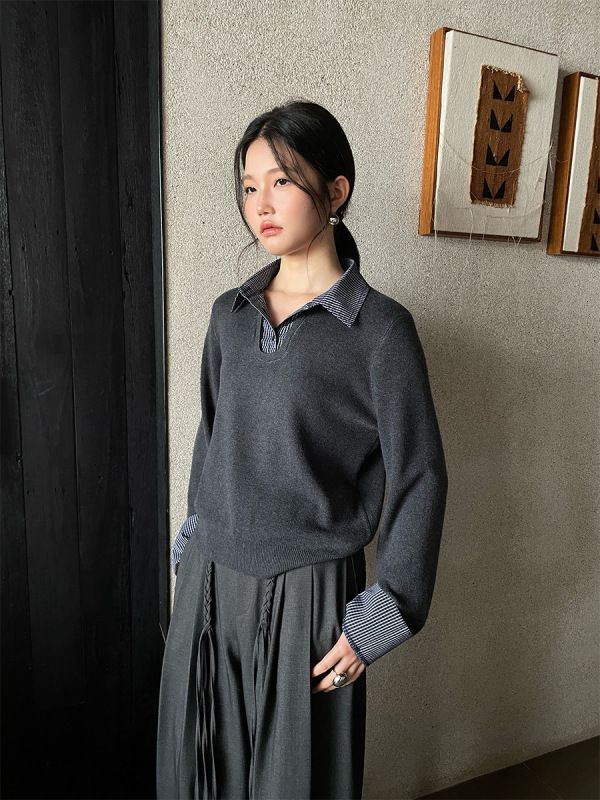 FONE简禾复古风撞色假两件针织衫女2025秋季POLO领套头毛衣58010|undefined