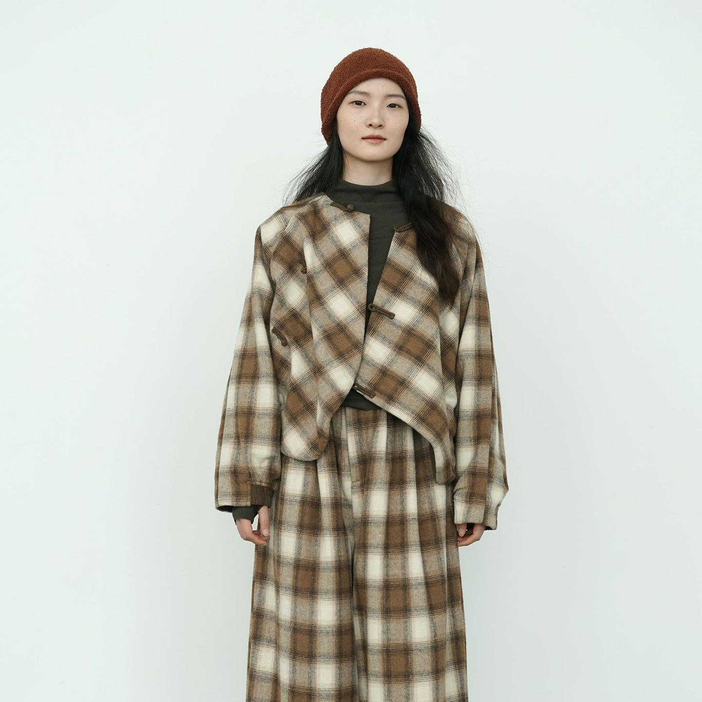 Original National Tide Wool Slant Irregular Quilted Cotton Coat Cocoon Loose Bat Sleeve Cotton Coat S24345