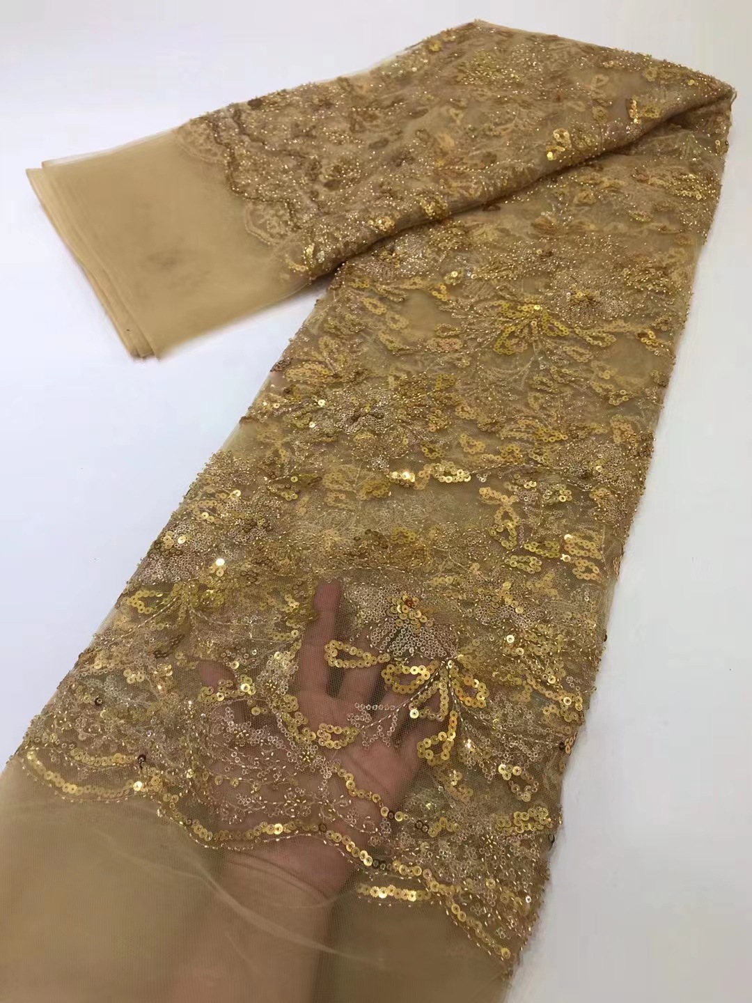 Cuentas de bordado de Europa y América bordado gran flor con cuentas lentejuelas tul encaje vestido de noche vestido de boda encaje tela JX3067