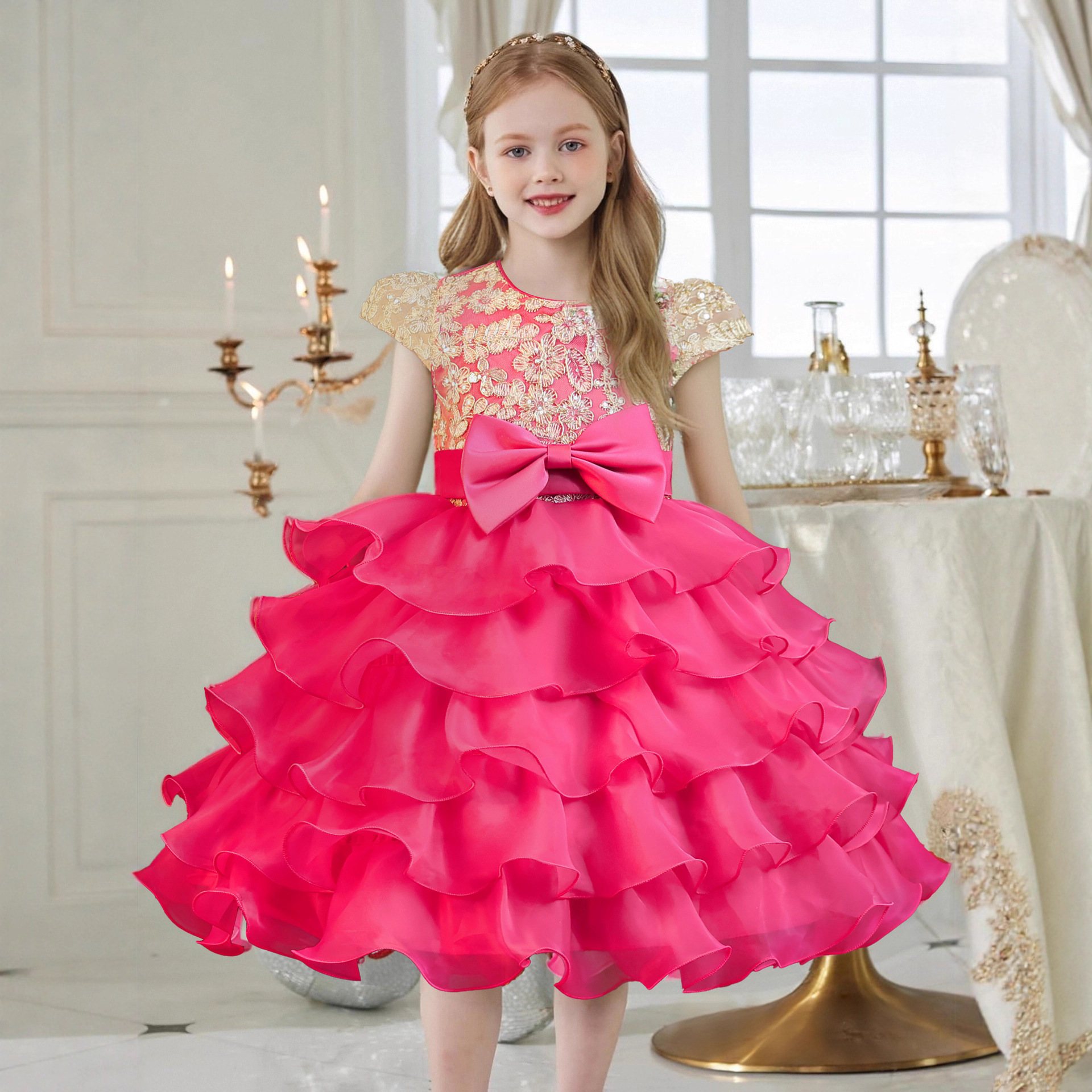 Vestido de niños pastel de arco bordado pequeño anfitrión oganza vestido de boda de chicas