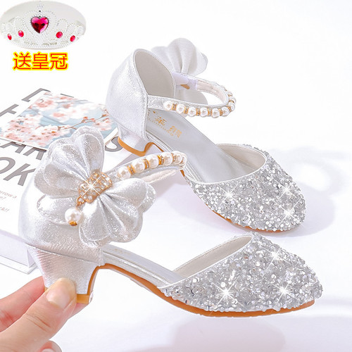 Children's High Heel Princess Shoe Model Fashion Show Performance Leather Shoes Silver Match Children's Formal Dress Sparkling Stage Crystal Shoes