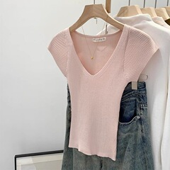 ピンクvネック半袖ニット女性夏韓系気質独特の絶美修身tシャツファッション新モデル