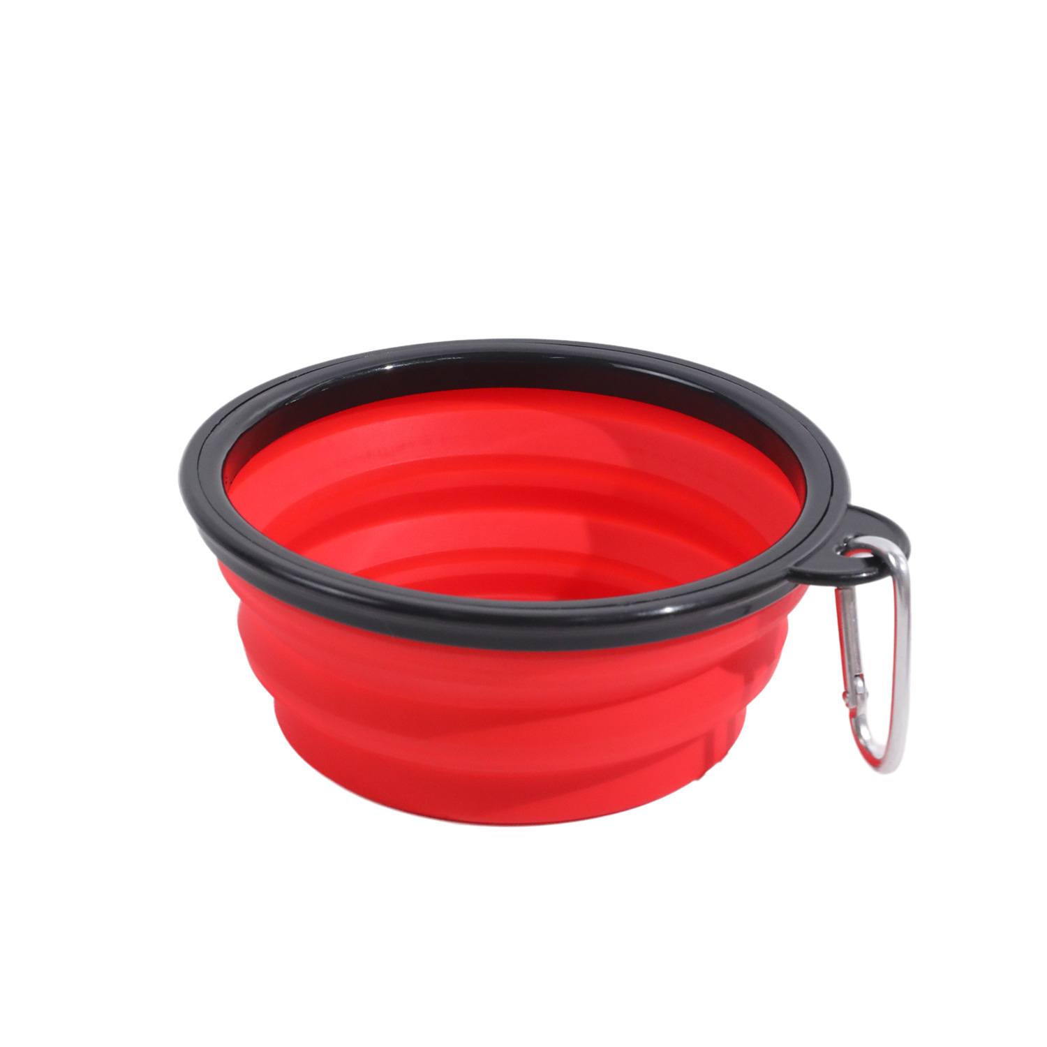 En stock al por mayor pequeño y mediano viaje plegable imitación silicona tazón hebilla de metal portátil PET Bowl suministros