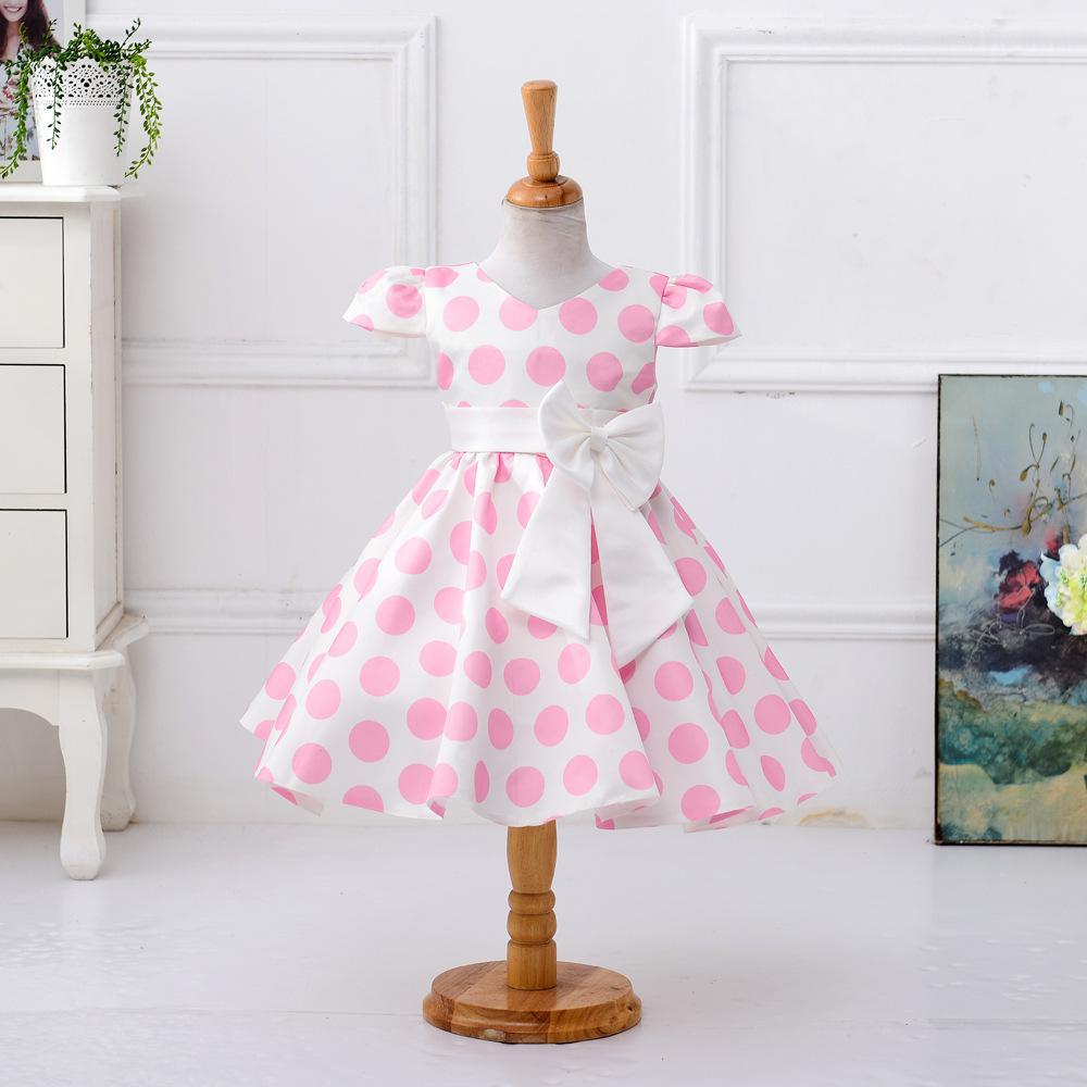 Vestido infantil europeo y americano con mangas voladas y lunares, vestido de princesa de satén con lazo para niña pequeña. image 7
