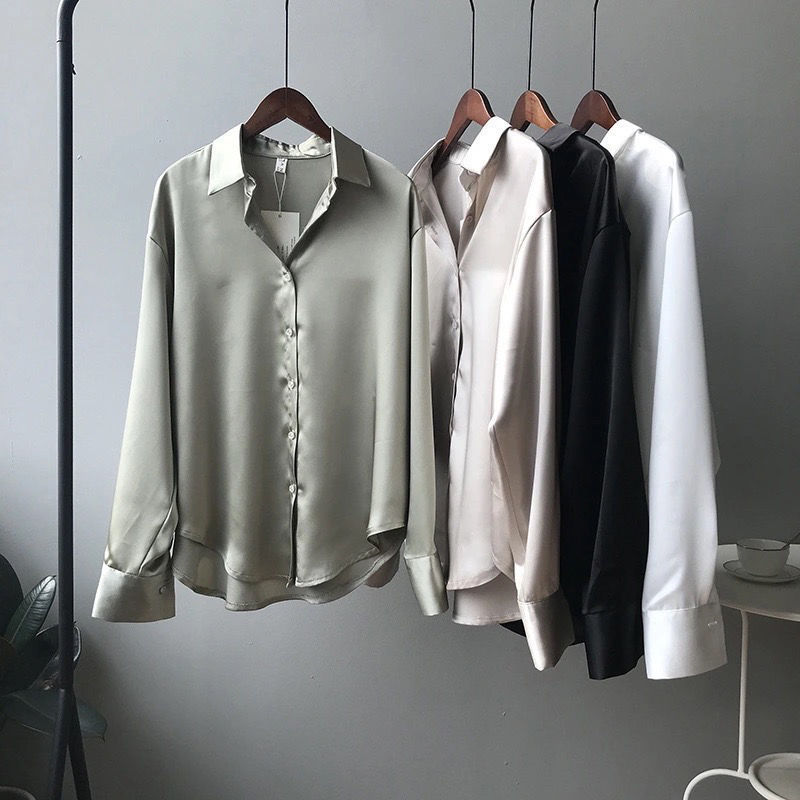 Women's Clothing acetate satin shirt women's glossy outer wear drape long sleeved shirt design niche light mature top spring_voghion.com