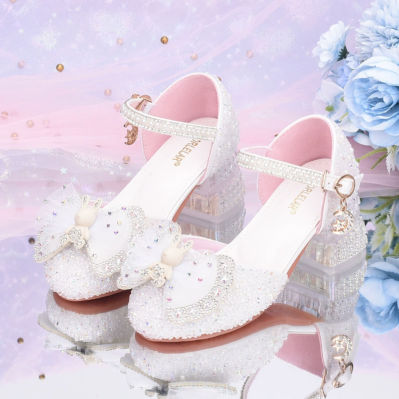 Серебряные детские туфли на высоком каблуке белые кожаные туфли для девочек кроссовки принцессы весной и летом на низком каблуке хрустальные туфли для девочек