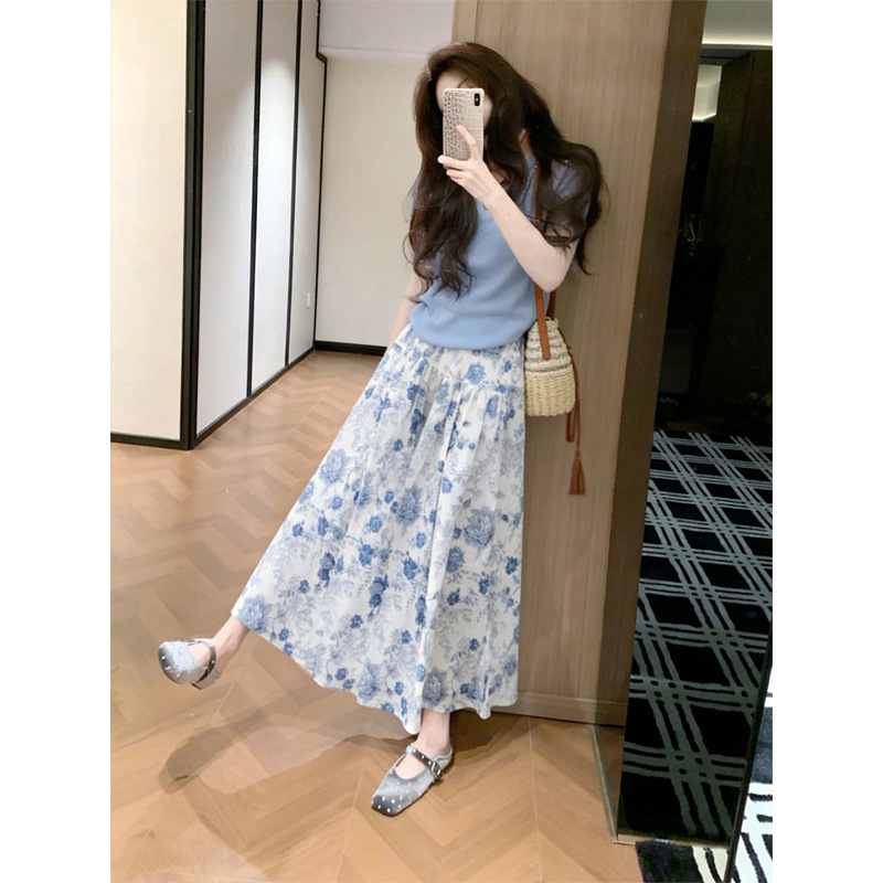 Đầm maxi nữ thắt eo tay ngắn màu xanh da trời — Màu xanh ngắn tay áo, nửa váy chi tiết 3