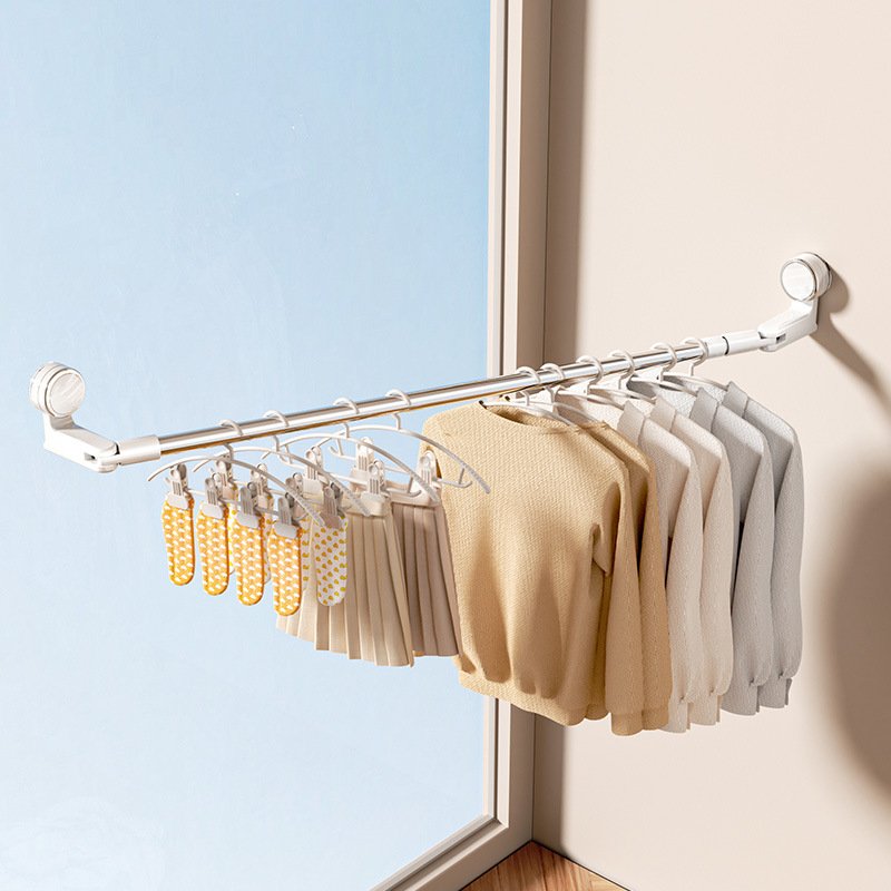 Suction Cup Retractable Clothes Drying Rod for Home Balcony, No-Drill Window Clothes Rack for Drying Quilts and Clothes