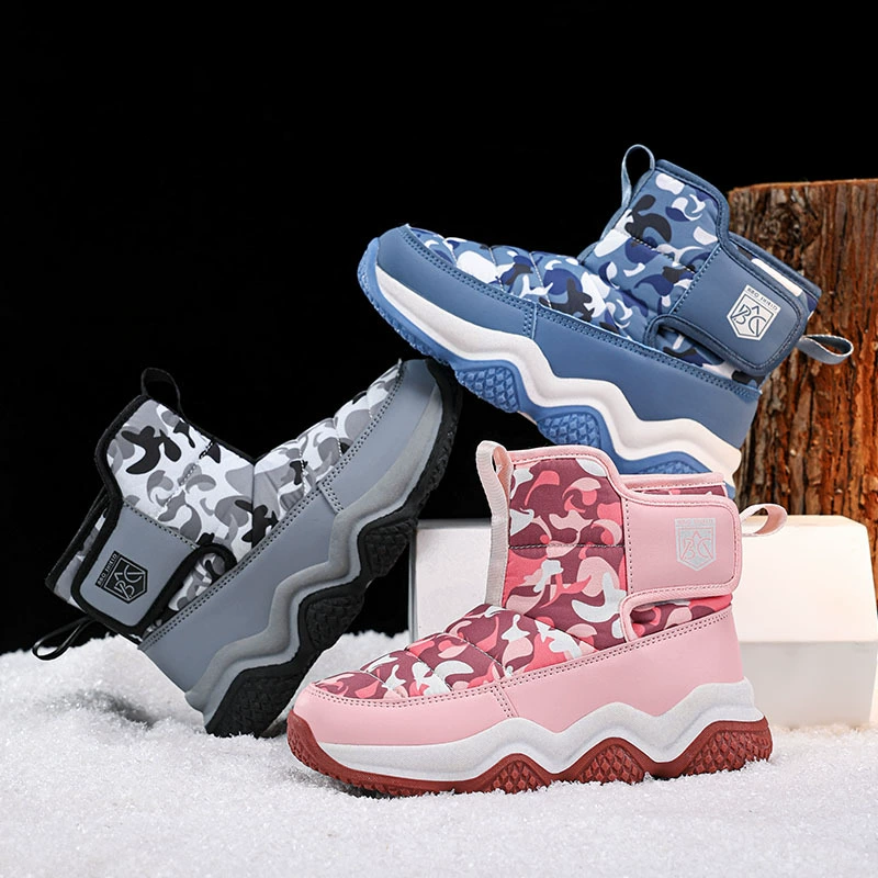 Зимняя детская камуфляжная хлопковая обувь, теплая обувь на флисовой подкладке, зимние сапоги, обувь для мальчиков и девочек, детская уличная водонепроницаемая обувь для альпинизма среднего и большого размера