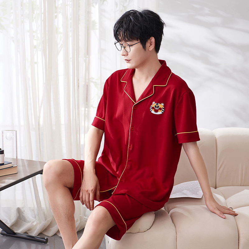 Pijamas de verano Algodón puro noble cardigan manga corta boda festiva rojo brillante desgaste hogar nacimiento año primavera y otoño traje