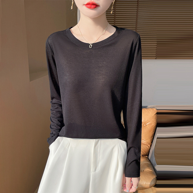 Spring and Summer New Style Round Neck Solid Color Thin Long-Sleeve Knit Top for Women, Versatile T-Shirt Base Layer Overlay Top Spring and Summer New Style Round Neck Solid Color Thin Long-Sleeve Knit Top for Women, Versatile T-Shirt Base Layer Overlay Top