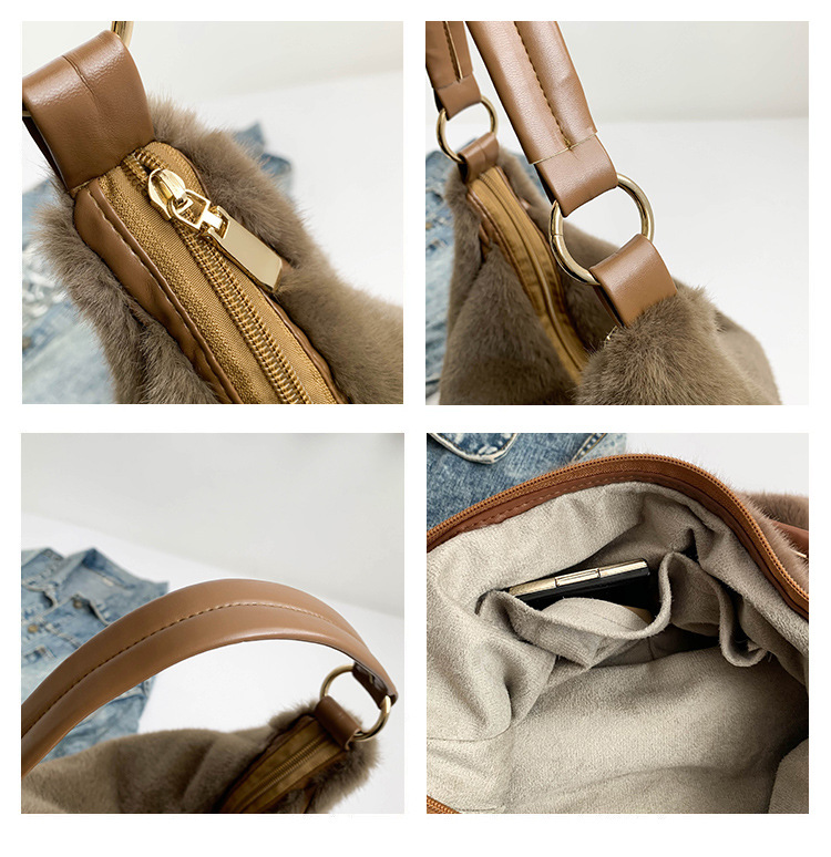 Plush women's new handbag, single shoulder crossbody bag, large capacity, autumn and winter casual tote, plush bag_voghion.com