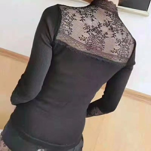 韩版纯色高领女神衣女性感修身气质蕾丝打底衫双层花边V领上衣