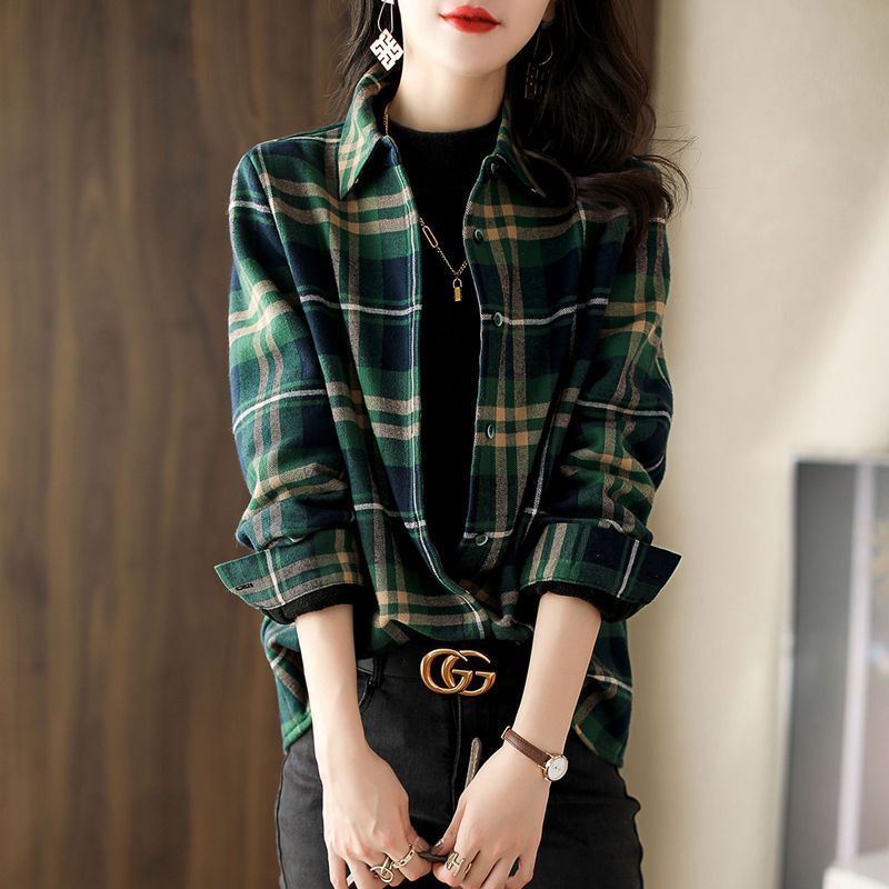 Pure Cotton retro plaid shirt women's long-sleeved Spring and Autumn plus size loose brushed inner wear shirt top coat Pure Cotton retro plaid shirt women's long-sleeved Spring and Autumn plus size loose brushed inner wear shirt top coat