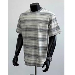 アメリカングレーとホワイトのコントラストストライプ半袖メンズサマークリーンフィットトレンドブランド右肩Tシャツスレッドネックライン半袖