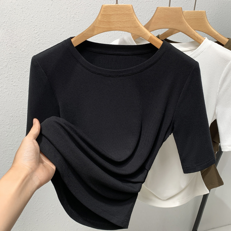 Camiseta de manga media para mujer 2023 nuevas mujeres de color sólido cuello redondo hilo media manga camiseta plisada cintura stretch top image 9
