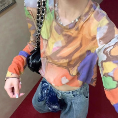 多巴胺彩色涂鸦印花长袖防晒t恤女夏季设计感遮肉显瘦罩衫上衣薄